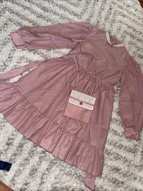 vintage 80s dusty pink prairie dress long blouson sleeves, ruffled hemline, lace